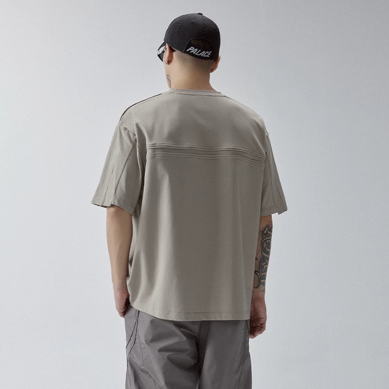 F2CE original basic versatile small collar trendy base solid color T-shirt with bone breaking splicing casual loose short sleeved shirt