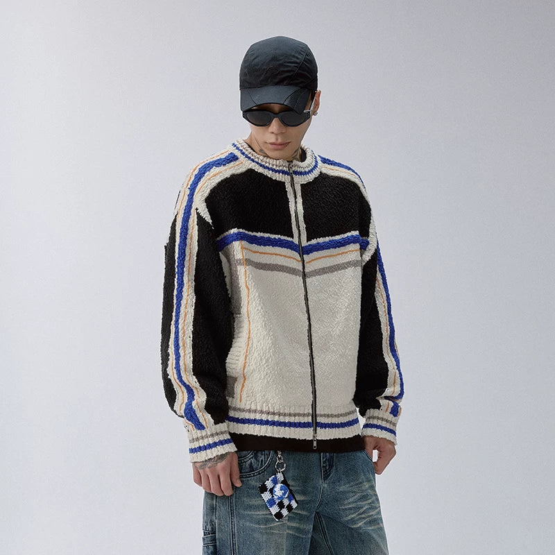 F2CE trendy patchwork contrasting couple sweater lazy cardigan warm and loose casual knit sweater zipper jacket
