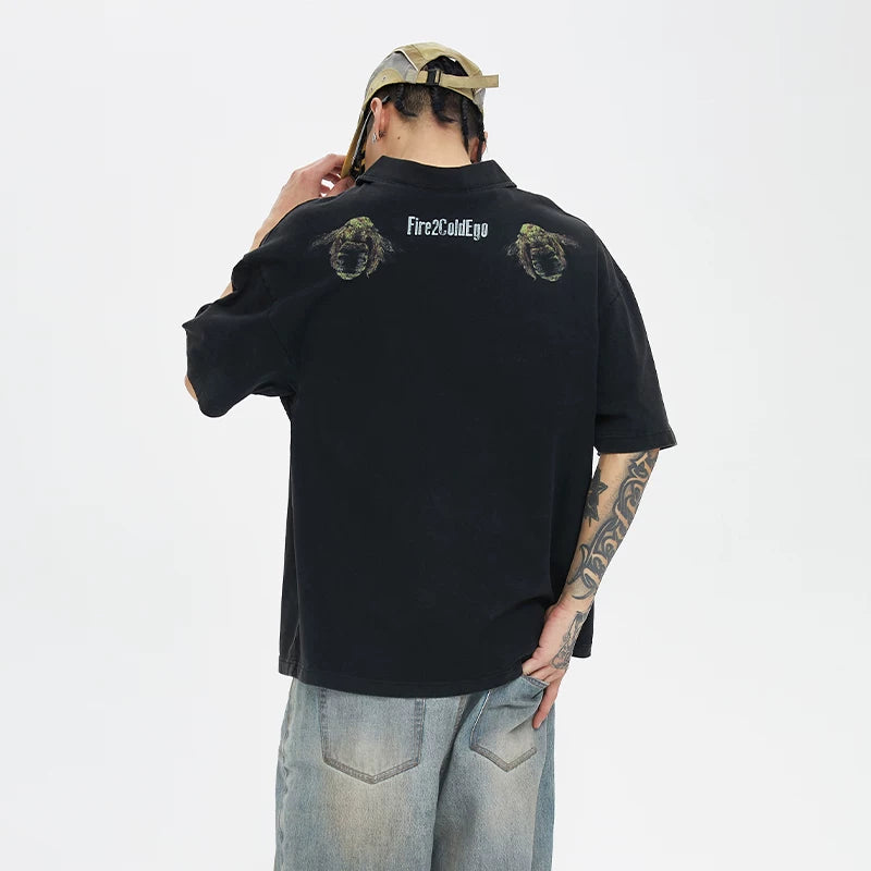 F2CE Heavyweight Washed Old POLO Shirt American Retro High Street Printed Couple T-shirt Summer Loose Casual Short Sleeve