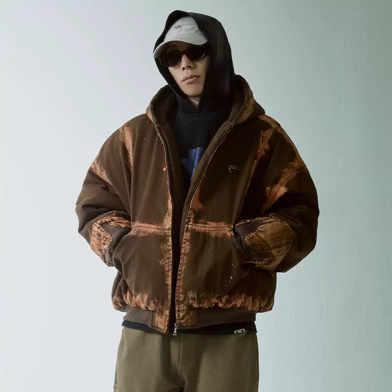 F2CE Trendy Zipper Cotton Jacket Hand Spray Dyed Used Hooded Loose Wide Cotton Coat Thickened Warm Cotton Winter Coat