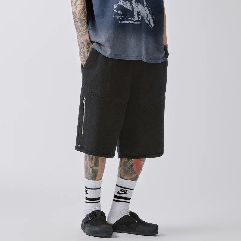 F2CE trendy shorts, washed and worn, loose silhouette, straight tube, rough edge, high street, Vibe black, versatile summer casual pants for men