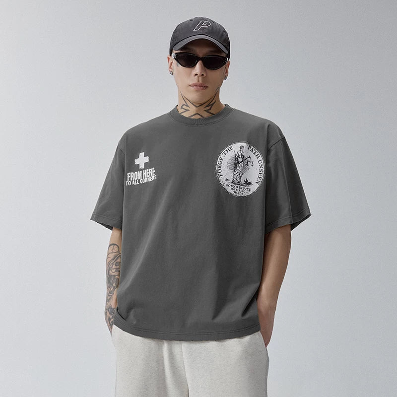 F2CE Printed Vintage Vintage Trendy Do Old Round Neck Short Sleeve Loose Trendy High Street Casual T-shirt for Men and Women