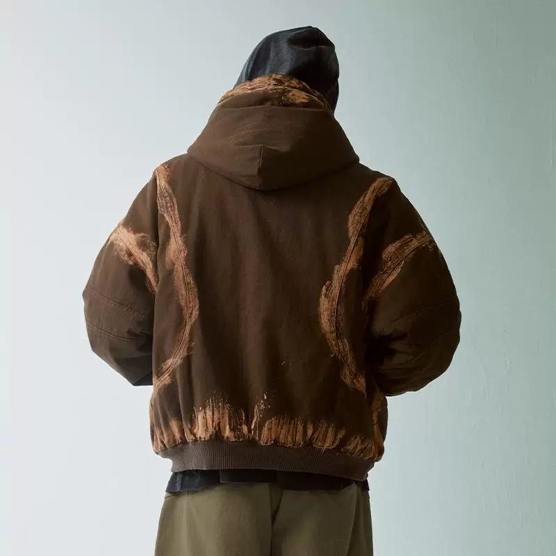 F2CE Trendy Zipper Cotton Jacket Hand Spray Dyed Used Hooded Loose Wide Cotton Coat Thickened Warm Cotton Winter Coat