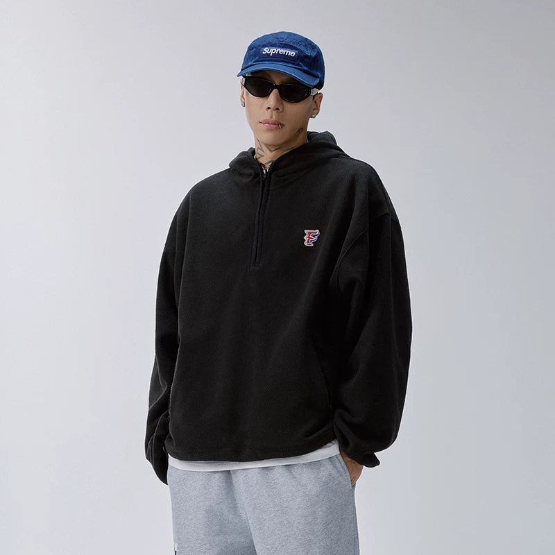 F2CE retro thick pullover hooded half zip sweatshirt with fleece fleece cap for couples, loose autumn and winter American jacket