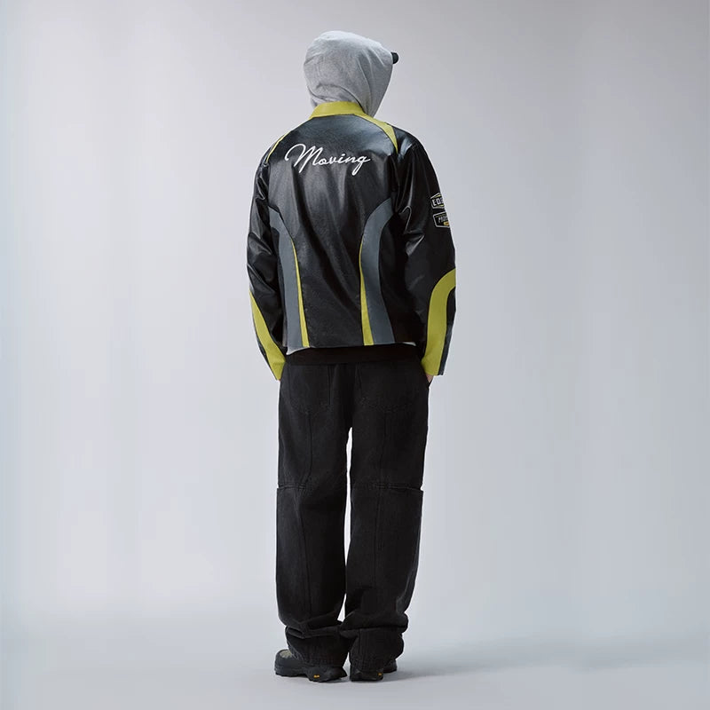 F2CE splicing contrasting embroidered leather jacket, loose American avant-garde motorcycle stand up collar leather jacket, racing suit, casual jacket