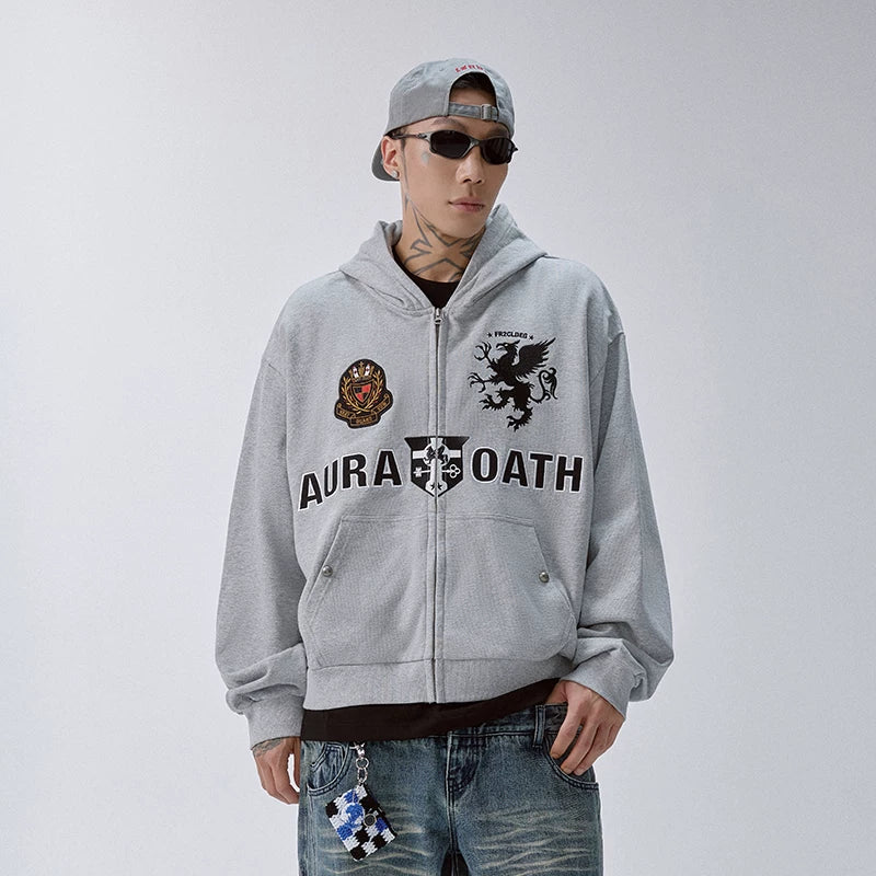 F2CE trendy loose hooded cardigan embroidered gray hoodie men's top autumn/winter casual hoodie zipper jacket