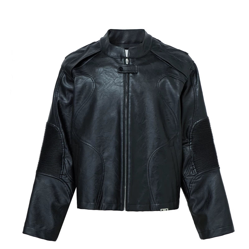 F2CE deconstruction splicing heavyweight stand up collar black leather jacket loose motorcycle leather jacket men's silhouette Vibe casual trendy jacket