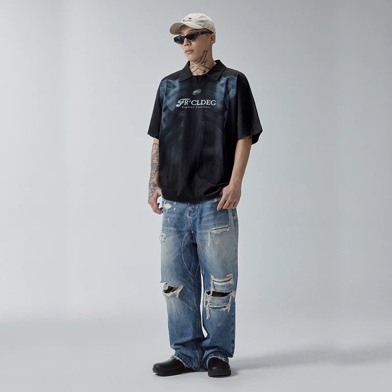 F2CE heavy-duty washed vintage polo shirt, American retro high street printed couple T-shirt, summer loose casual short sleeved shirt