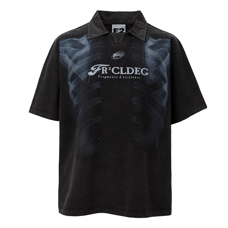 F2CE heavy-duty washed vintage polo shirt, American retro high street printed couple T-shirt, summer loose casual short sleeved shirt