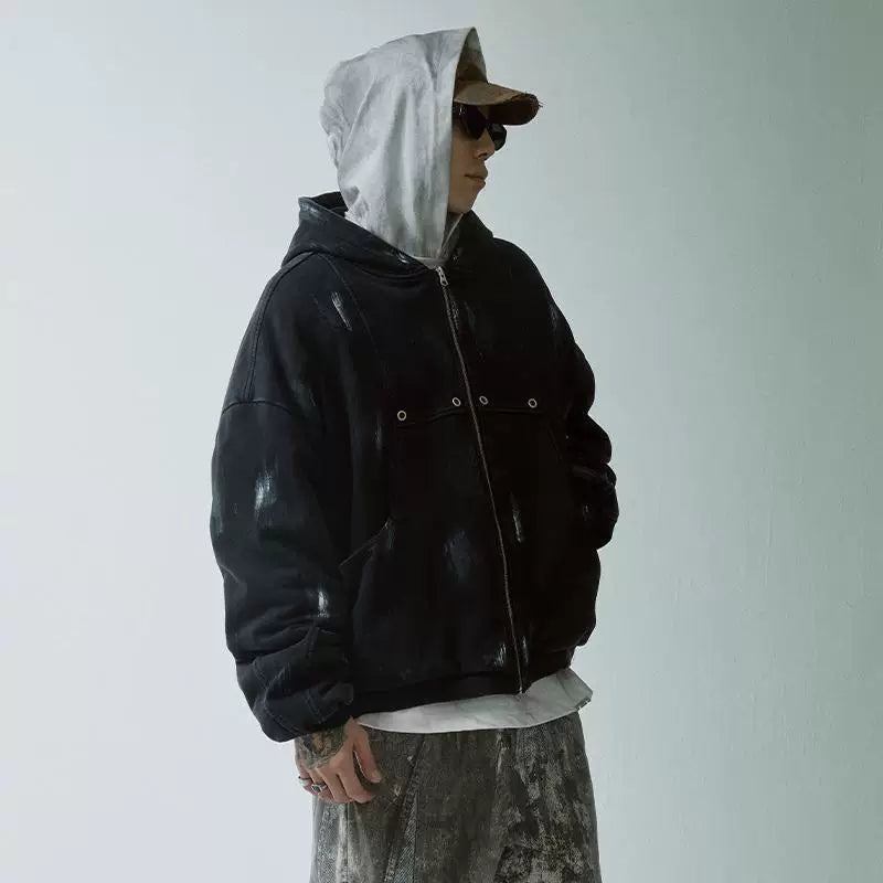 F2CE Trendy Hooded Cardigan Cotton Coat Hand Painted Loose Zipper Casual Warmth with Velvet Vibe Cotton Coat Trendy