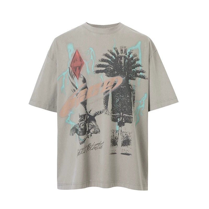 F2CE Printed Vintage Vintage Trendy Do Old Round Neck Short Sleeve Loose Trendy High Street Casual T-shirt for Men and Women