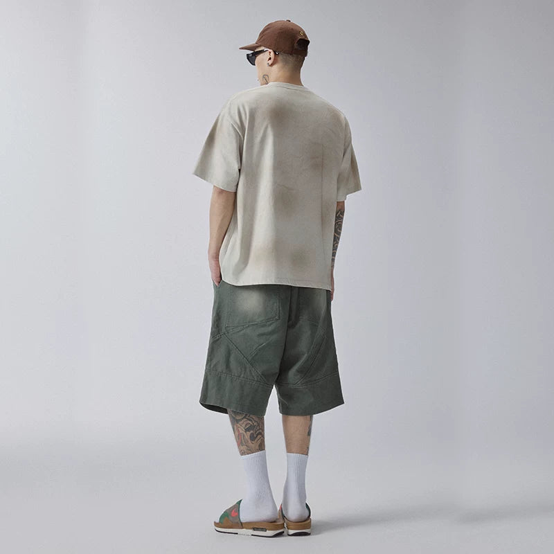 F2CE vintage loose trendy shorts American high street men's summer pocket wide leg workwear washed gradient cropped pants