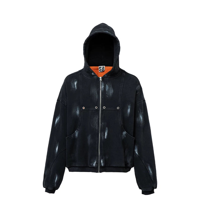 F2CE Trendy Hooded Cardigan Cotton Coat Hand Painted Loose Zipper Casual Warmth with Velvet Vibe Cotton Coat Trendy