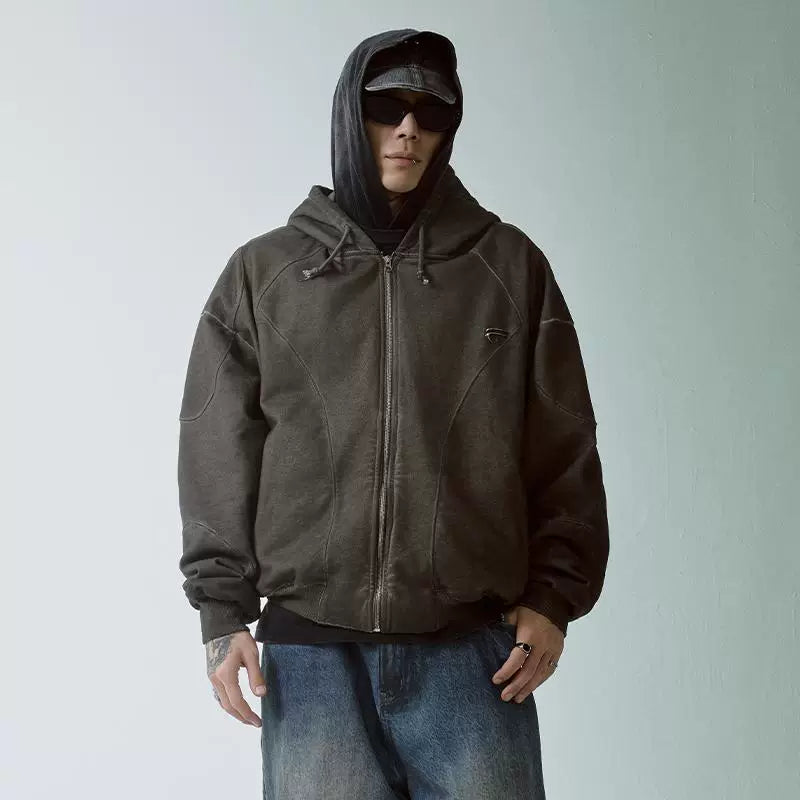 F2CE vintage dyed solid color functional hooded cardigan with fleece hoodie, loose deconstruction zipper casual jacket, trendy men