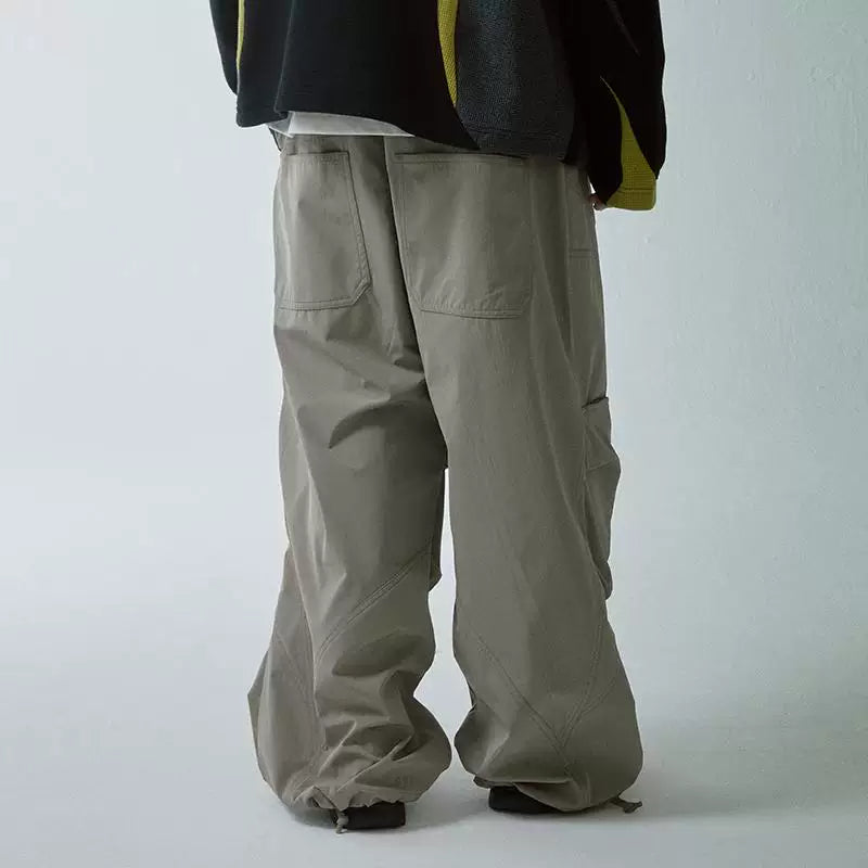 F2CE trendy knee high pocket pleated casual pants, high street Vibe assault pants, loose straight leg workwear pants