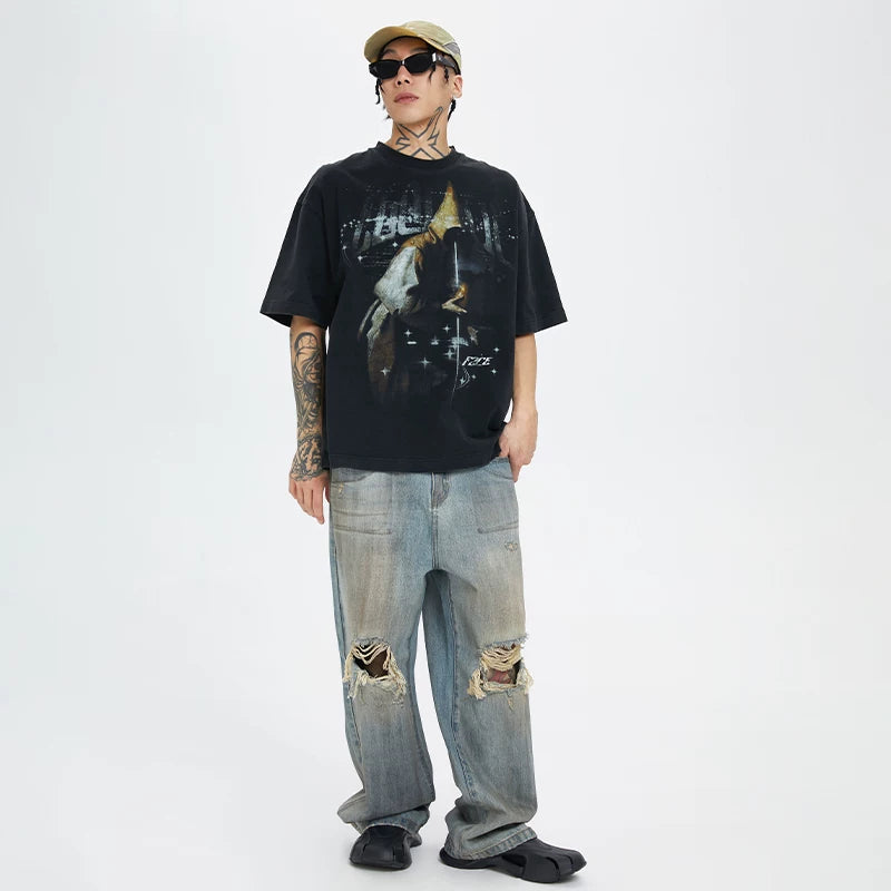 F2CE Heavy duty Washed Old American Retro Vintage High Street Trendy Printed T-shirt Summer Loose Casual Short Sleeve