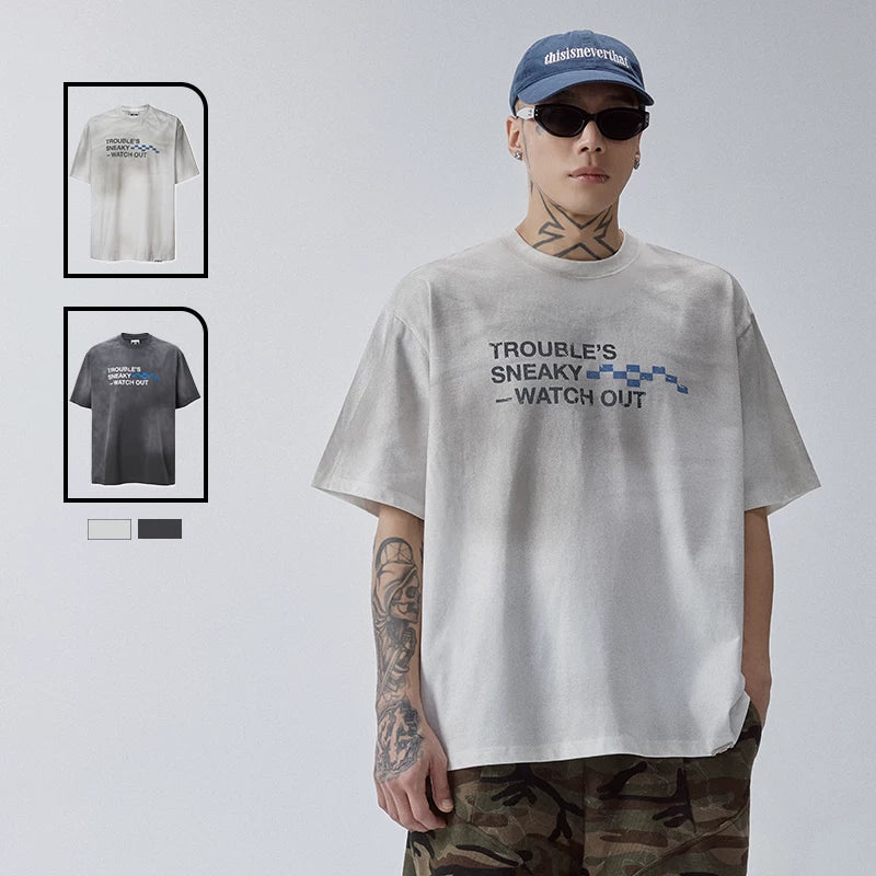 F2CE trendy vintage mud dye printed slogan short sleeved loose wide couple casual versatile T-shirt