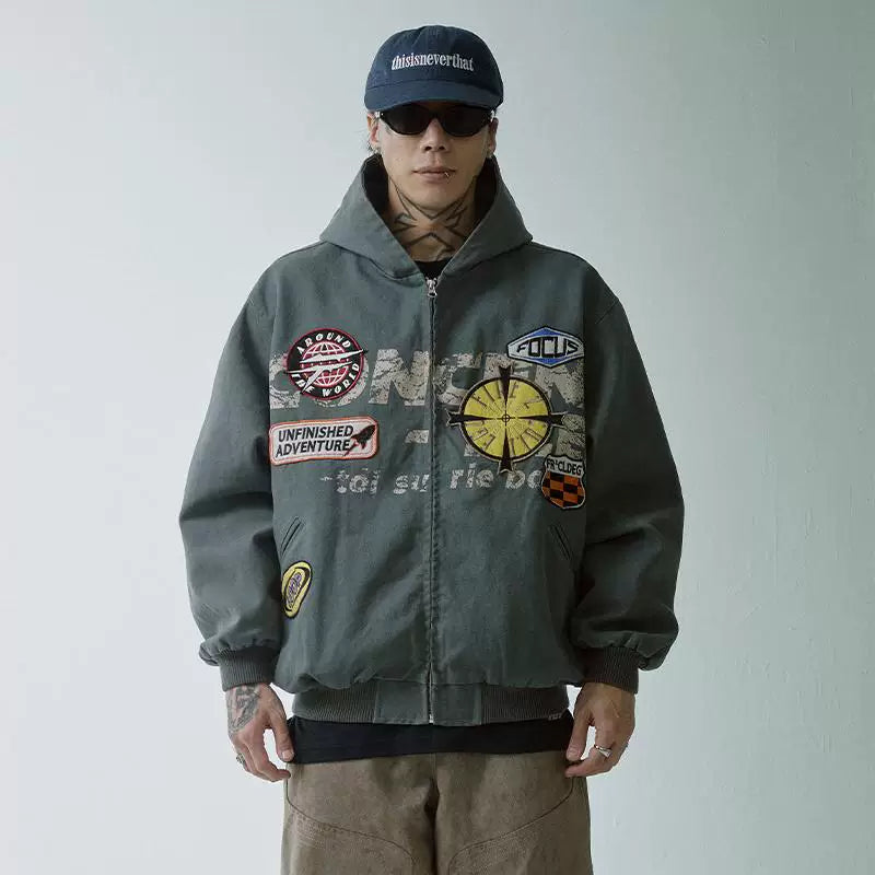 F2CE trendy loose and wide heavyweight distressed canvas embroidered printed hooded Vibe jacket retro autumn and winter jacket
