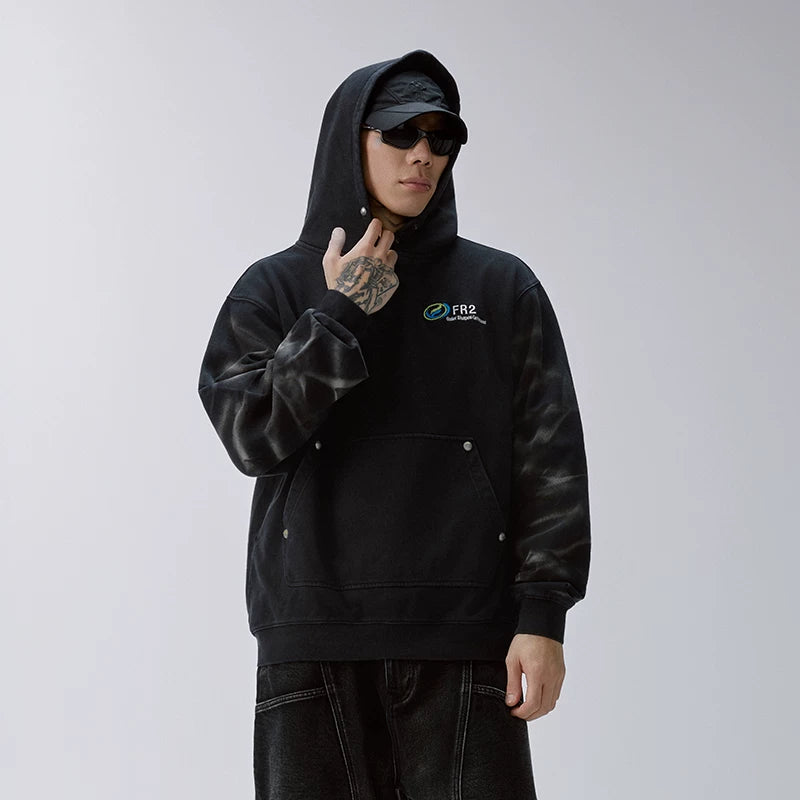 F2CE trendy tie dye vintage loose hooded sweatshirt embroidered men's top autumn/winter casual American hooded jacket