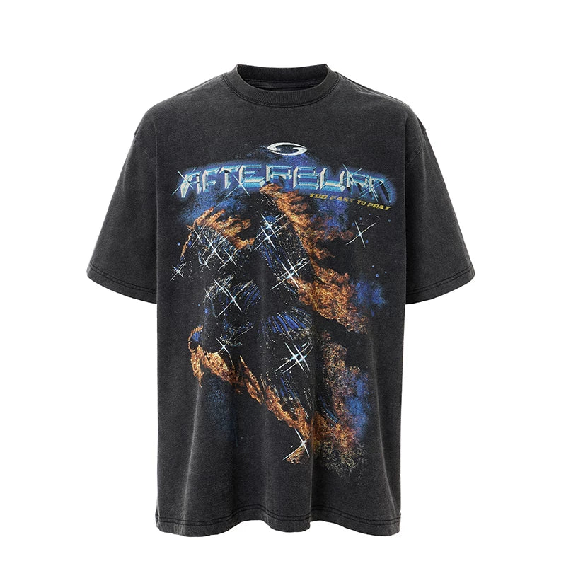F2CE Heavy duty Washed Used T-shirt American Trendy Retro High Street Printed Couple Summer Loose Casual Short Sleeve