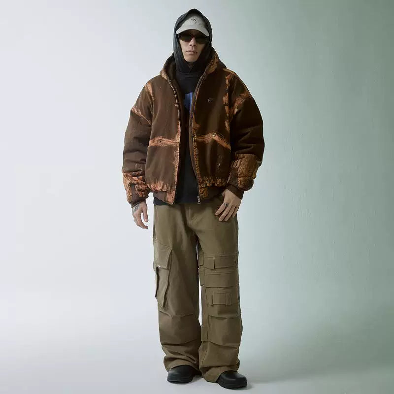 F2CE Trendy Zipper Cotton Jacket Hand Spray Dyed Used Hooded Loose Wide Cotton Coat Thickened Warm Cotton Winter Coat