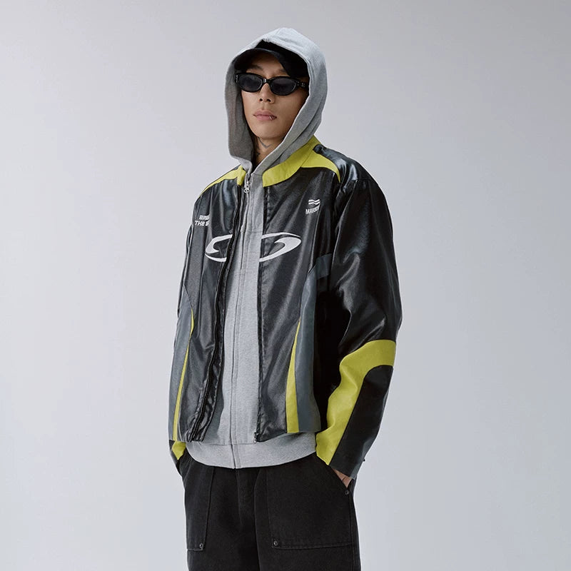 F2CE splicing contrasting embroidered leather jacket, loose American avant-garde motorcycle stand up collar leather jacket, racing suit, casual jacket