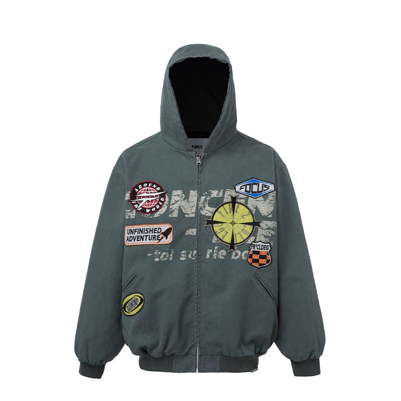 F2CE trendy loose and wide heavyweight distressed canvas embroidered printed hooded Vibe jacket retro autumn and winter jacket