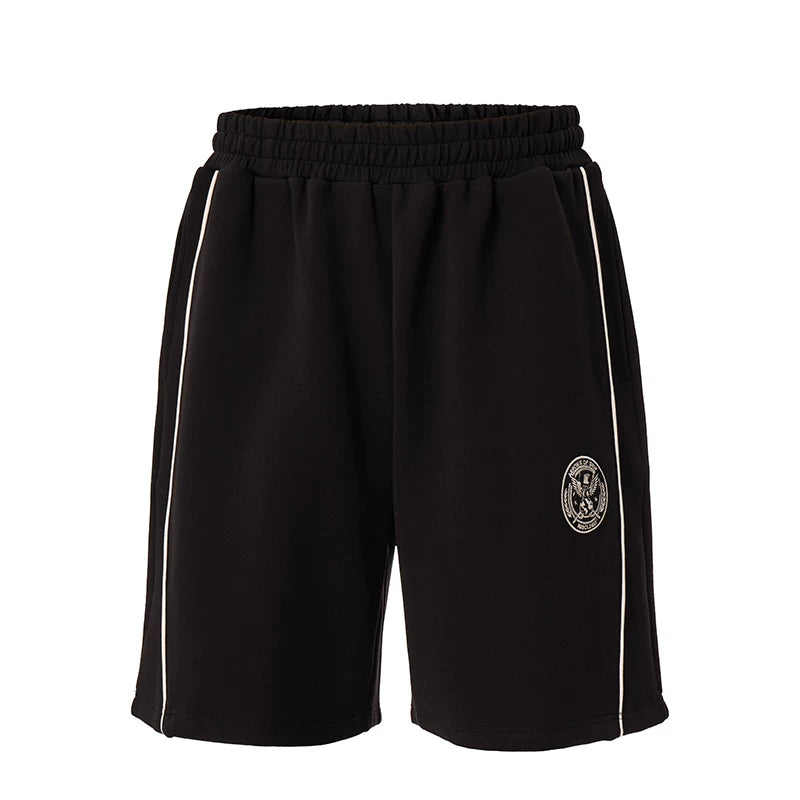 F2CE American style retro college emblem sports shorts black pure cotton side striped loose casual pants