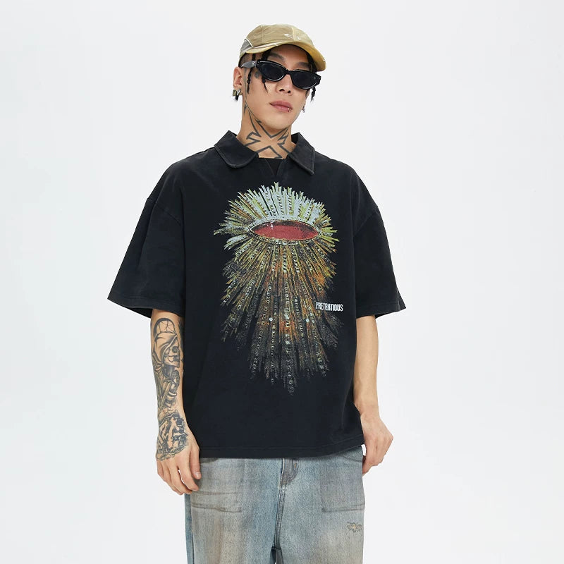 F2CE Heavyweight Washed Old POLO Shirt American Retro High Street Printed Couple T-shirt Summer Loose Casual Short Sleeve