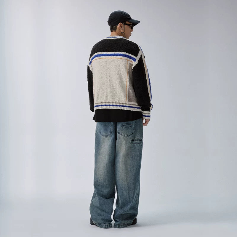 F2CE trendy patchwork contrasting couple sweater lazy cardigan warm and loose casual knit sweater zipper jacket