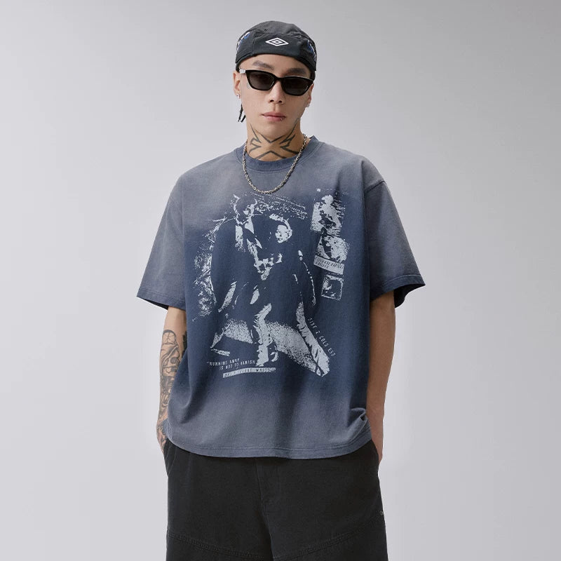F2CE heavyweight pure cotton gradient washed portrait printed T-shirt, American style vintage loose shoulder short sleeved, unisex