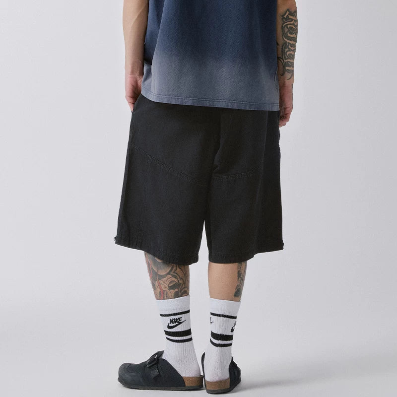 F2CE trendy shorts, washed and worn, loose silhouette, straight tube, rough edge, high street, Vibe black, versatile summer casual pants for men