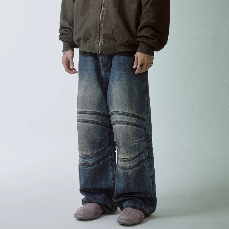 F2CE heavyweight dirty retro washed old loose straight leg bone pleated wide leg autumn and winter trendy jeans