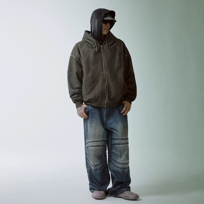 F2CE heavyweight dirty retro washed old loose straight leg bone pleated wide leg autumn and winter trendy jeans