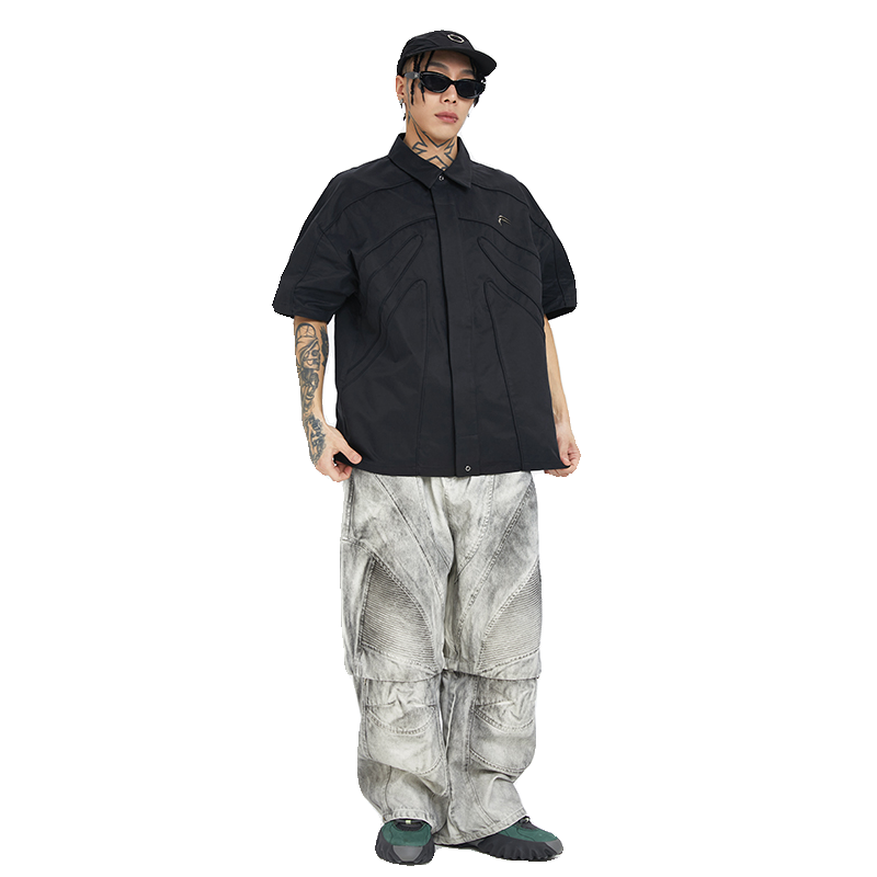 F2CE loose silhouette dark skeleton three-dimensional shirt high street trendy American metal logo functional short sleeved men