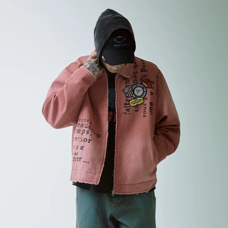 F2CE trendy worn-out print embroidery silhouette military fabric canvas zipper cleanfit jacket red jacket