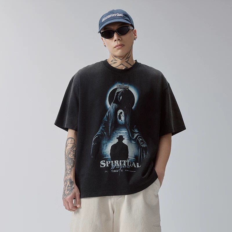 F2CE Heavy duty Washed Old American Retro Vintage High Street Trendy Printed T-shirt Summer Loose Casual Short Sleeve