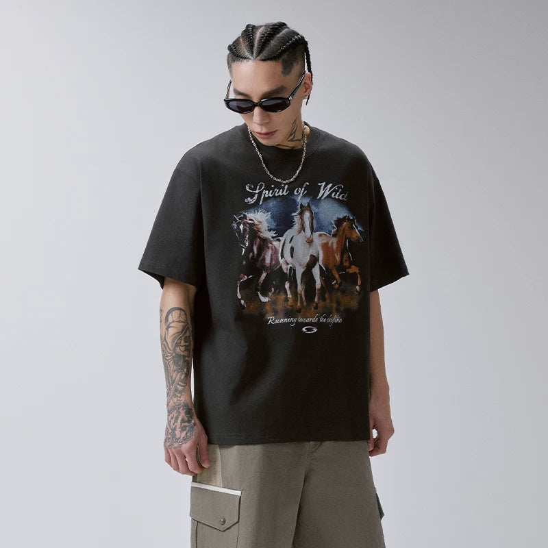 F2CE American retro vintage washed horse print T-shirt for men and women, oversized high street short sleeved top