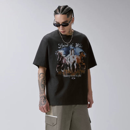F2CE American retro vintage washed horse print T-shirt for men and women, oversized high street short sleeved top