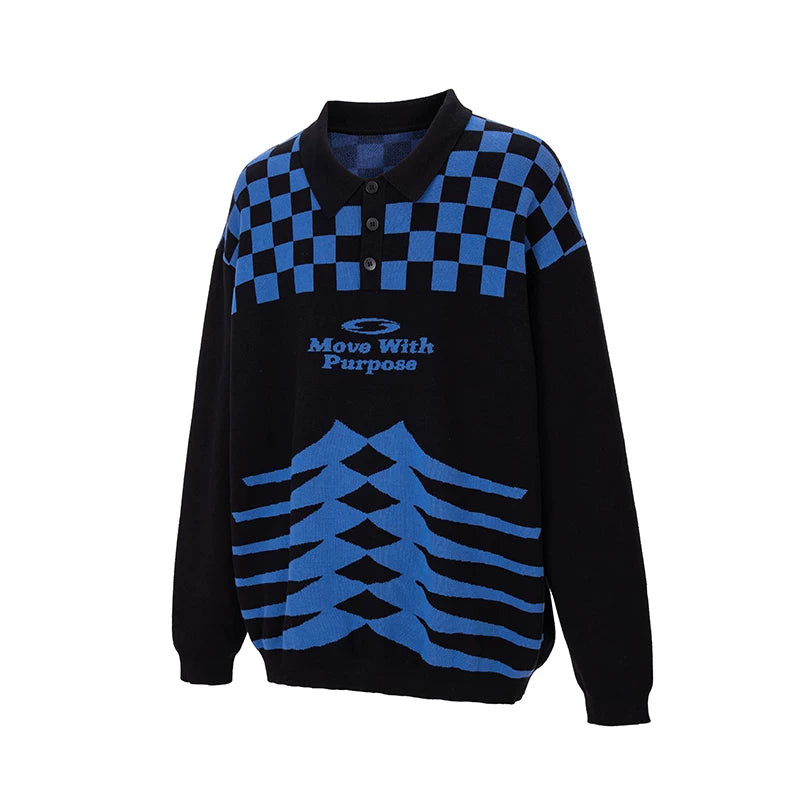 F2CE trendy patchwork color checkerboard patterned polo collar sweater casual loose and versatile men's and women's warm knit sweater