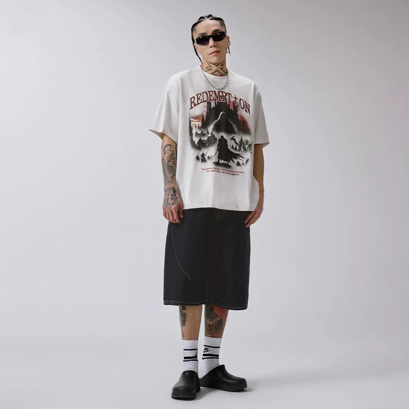 F2CE American Trendy Men's T-shirt Heavy Retro Vintage High Street Printed Couple Summer Loose Casual Short Sleeve