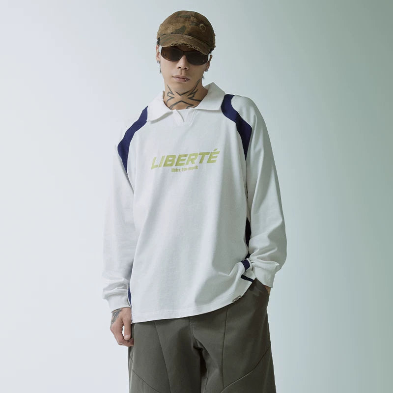 F2CE American Trend Splicing Color Contrasting T-shirt Printed Men's and Women's Loose Wide Casual Shirt Style Polo Collar Long Sleeve