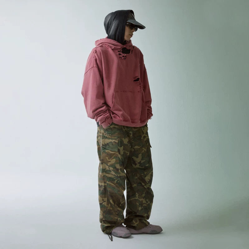 F2CE vintage wide leg loose cleanfit casual straight leg pleated paratrooper pants trendy green camouflage pocket work pants