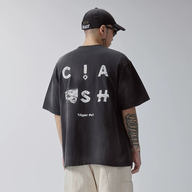 F2CE Heavy duty Washed Gradient Old American Retro High Street Trendy Printed T-shirt Summer Loose Casual Short Sleeve