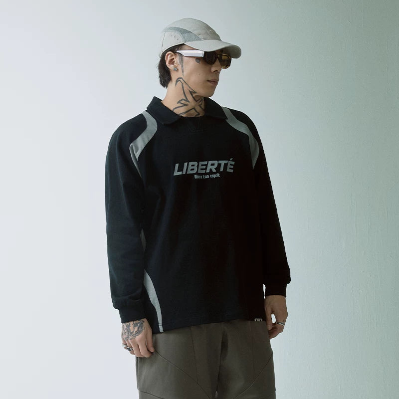 F2CE American Trend Splicing Color Contrasting T-shirt Printed Men's and Women's Loose Wide Casual Shirt Style Polo Collar Long Sleeve