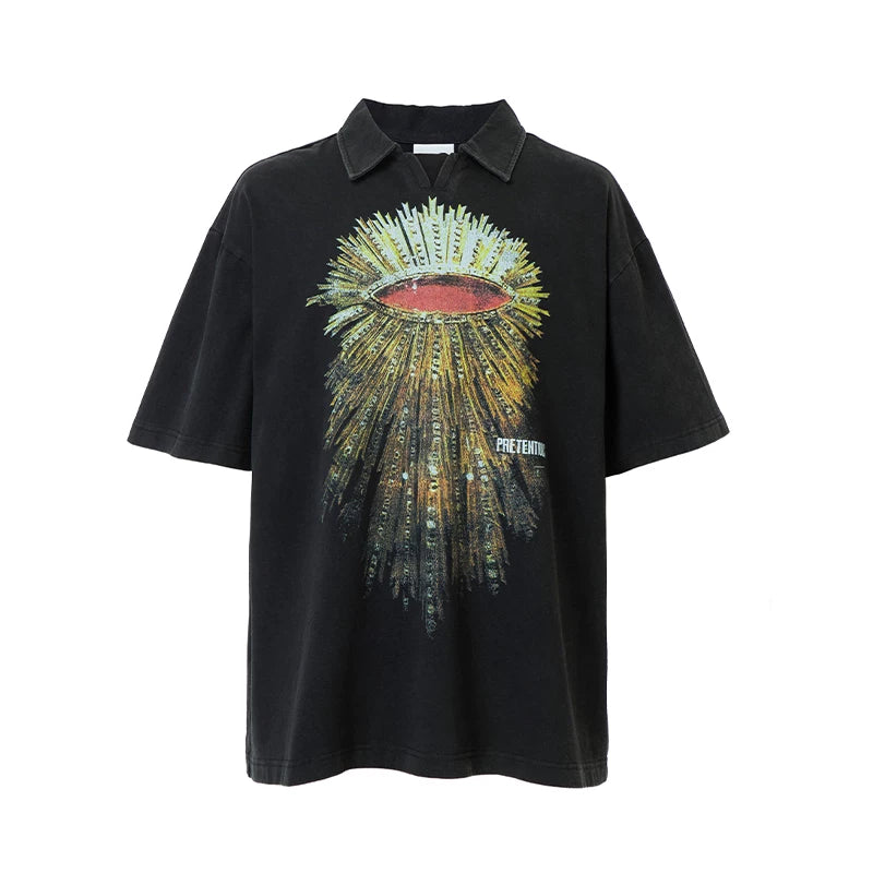 F2CE Heavyweight Washed Old POLO Shirt American Retro High Street Printed Couple T-shirt Summer Loose Casual Short Sleeve