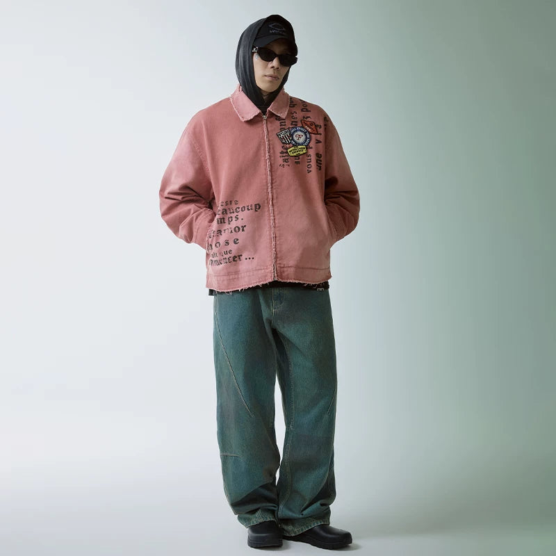F2CE trendy worn-out print embroidery silhouette military fabric canvas zipper cleanfit jacket red jacket