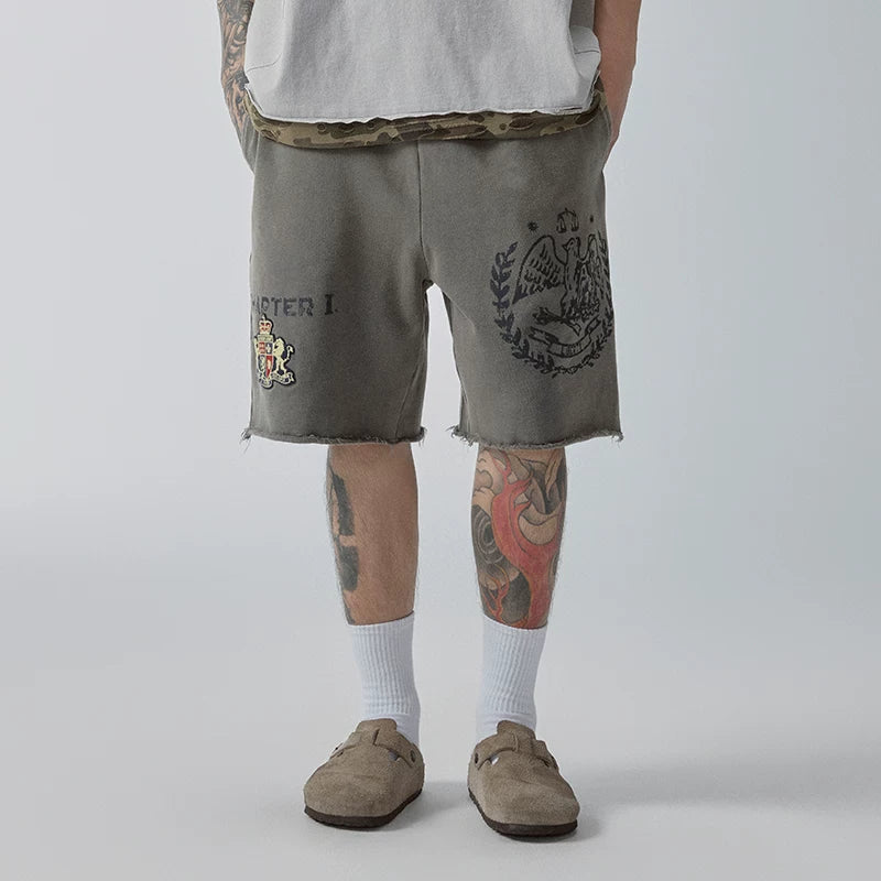 F2CE Trendy Loose Washed Outdated Printed Stamp Hairy Casual Versatile Shorts Men's Beach Pants Pentagram Pants