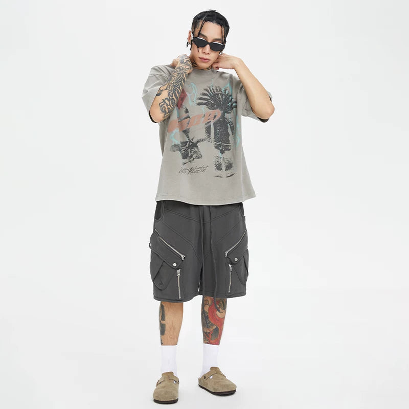 F2CE Printed Vintage Vintage Trendy Do Old Round Neck Short Sleeve Loose Trendy High Street Casual T-shirt for Men and Women