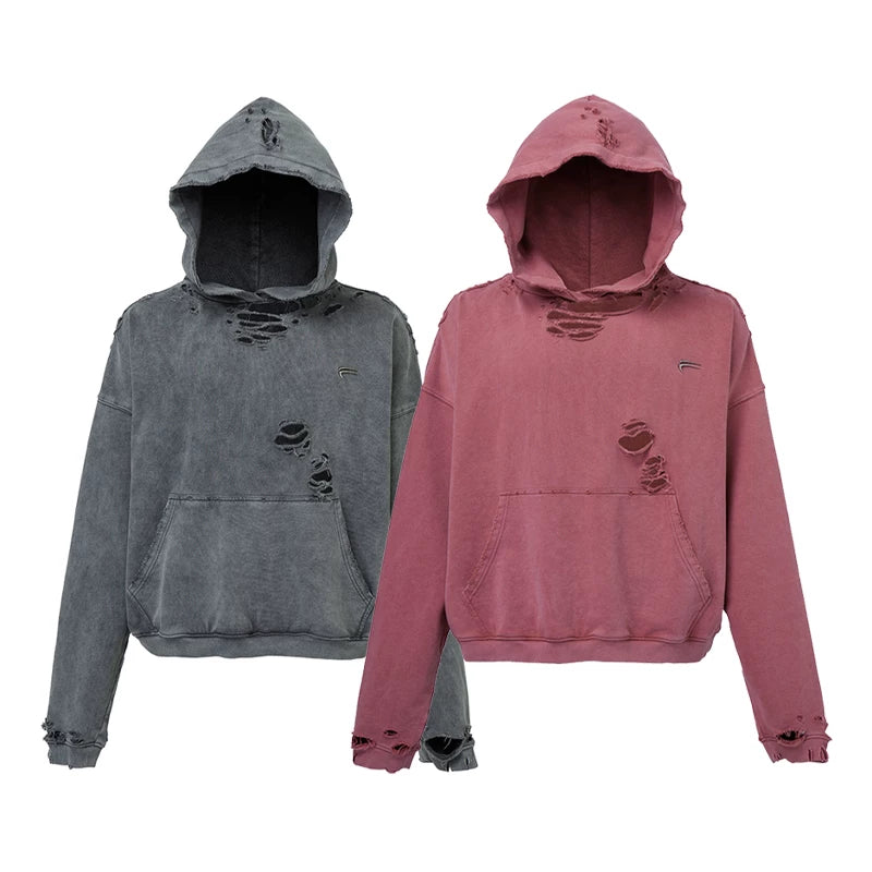 F2CE vintage solid color worn loose wide basic versatile hooded sweatshirt with metal logo collision casual hoodie trend